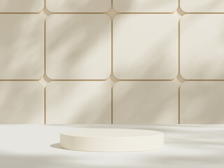 Abstract studio room with realistic white cylinder pedestal podium set and leaf shadow overlay....