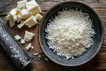 Semi hard cheese and grated cheese on a wooden surface viewed from above