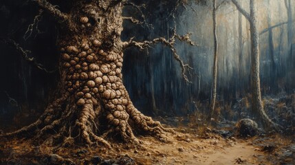 Ancient gnarled tree in dark forest.