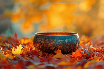 seven metal singing bowl amid vibrant autumn colors