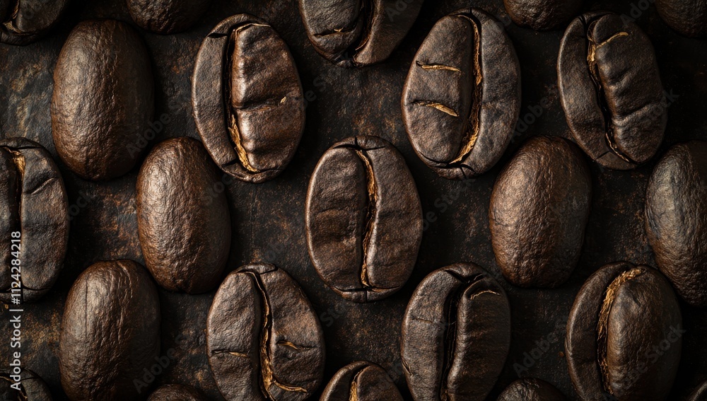 Poster an abundance of rich dark roasted coffee beans displayed on a rustic surface capturing the texture a