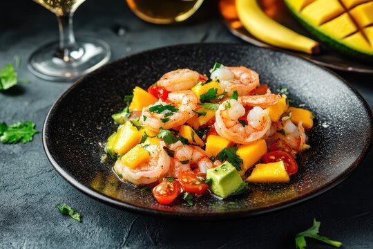 Shrimp ceviche with mango avocado and tomatoes Latin American dish paired with white wine and banana chips