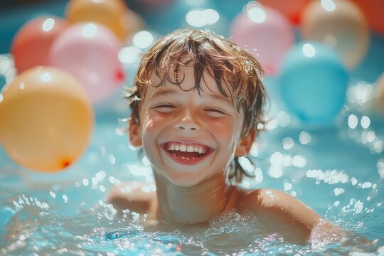 Joyful child smiles while playing in a pool filled with colorful balloons on a sunny day