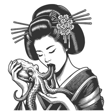geisha eating octopus monochrome art clip art preview