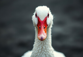 A white duck with a red beak standing on a dark surface
