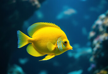 A yellow tropical fish swimming in a blue underwater environment