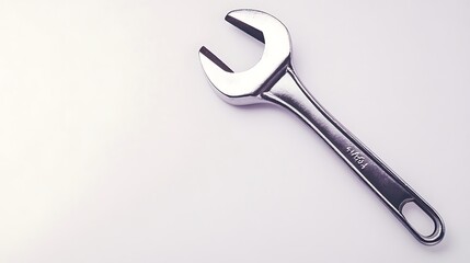 A shiny metal wrench lies on a light gray surface.

