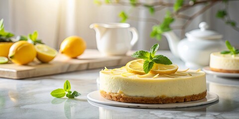 Delectable Lemon Cheesecake Dessert Garnished with Fresh Mint and Lemon Zest on a Marble Surface
