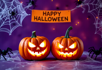 Two carved pumpkins with glowing faces, Halloween decorations including spider webs and a Happy Halloween banner on a purple background