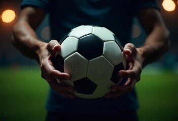 Two hands holding a soccer ball in a dark environment with blurred lights in the background