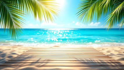 Obraz premium Summer Table And Sea With Blurred Leaves Palm And Defocused Bokeh Light On Ocean - Wooden Plank In Abstract Landscape