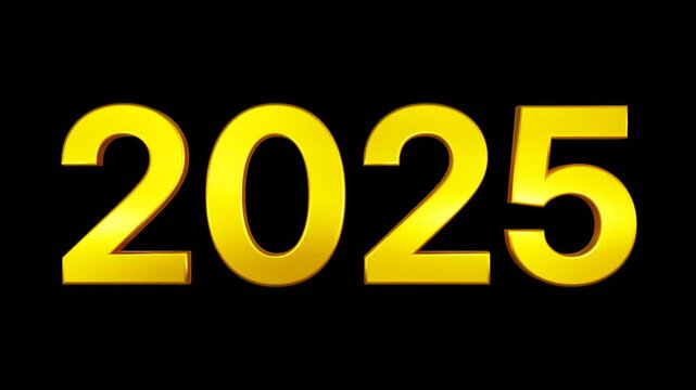 animation text 2025 gold on black isolated background 4k video 3d illustration render