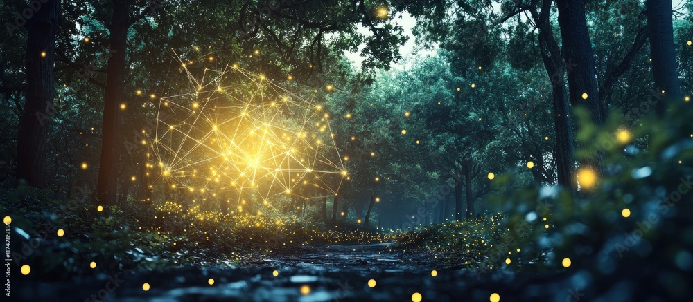 Poster magical forest path with glowing network and fireflies.