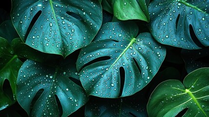Obraz premium A close-up view of a Monstera leaf with droplets of water on its surface, emphasizing the texture and details of the leaf, set against a soft background of lush greenery 