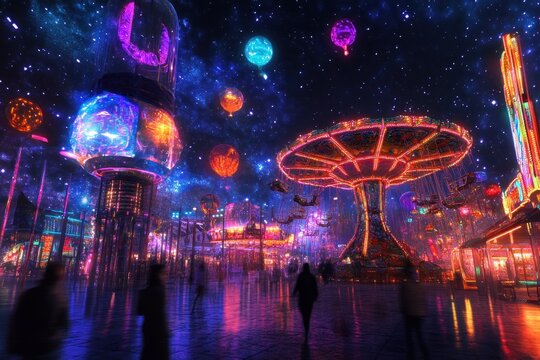 Futuristic amusement park at night with vibrant lights, planets, and people.