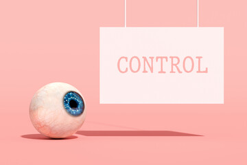Realistic human eyeball observing control sign on pink background