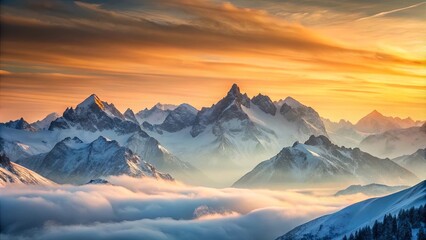 Golden Hour Majesty A Breathtaking Panorama of Snow-Capped Mountains Bathed in the Warm Glow of Sunset