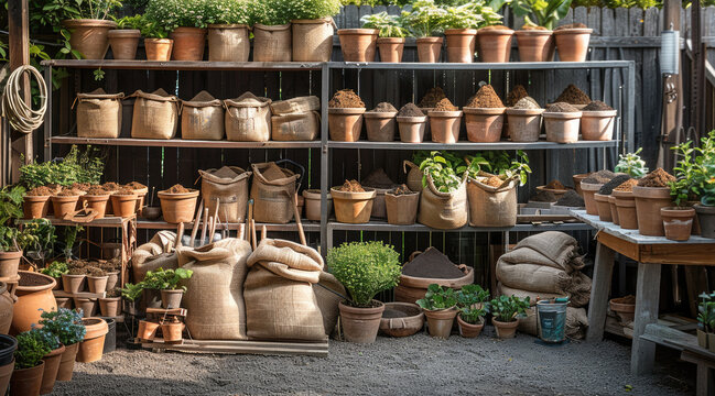 A collection of various potting shed materials, including wooden planks, galvanized steel sheets, clay pots, gardening tools, burlap sacks, and bags of soil, arranged artistically in a garden setting.