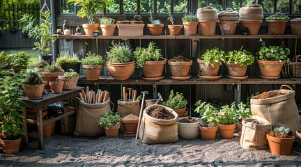 Fototapeta premium A collection of various potting shed materials, including wooden planks, galvanized steel sheets, clay pots, gardening tools, burlap sacks, and bags of soil, arranged artistically in a garden setting.