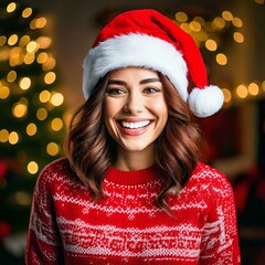 Joyful Woman in Santa Hat: Festive Holiday Cheer, Generated image