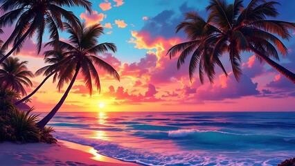 Palm Trees Silhouettes On Tropical Beach At Sunset - Modern Vintage Colors