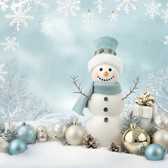 A festive snowman in a winter wonderland, surrounded by falling snowflakes and Christmas ornaments.