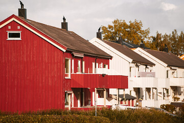 Red cabin by the water with mountain view