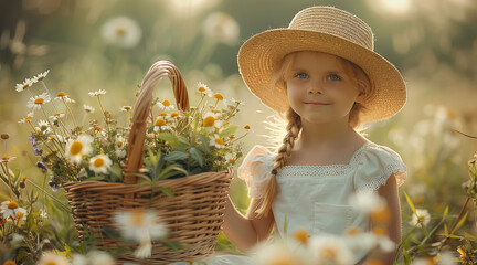 Obraz premium A five-year-old girl in a white short-sleeved dress and straw hat is carrying flowers in an old wooden basket filled with wildflowers and herbs in a meadow. and lit by soft hues and natural light.