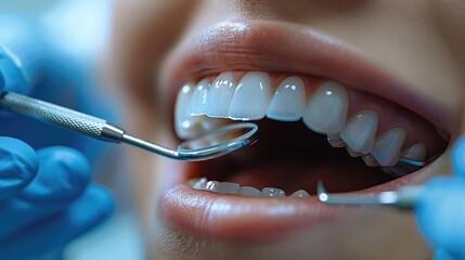 Close-up of a smiling child receiving orthodontic treatment, with dental tools being used by a dentist wearing blue gloves.