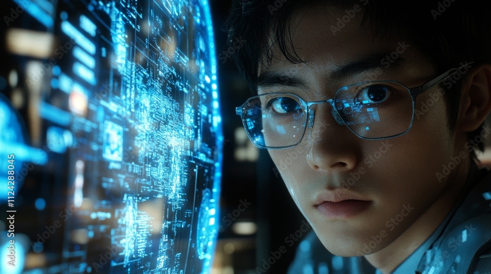 Poster a young individual focuses intently on a virtual interface surrounded by advanced technology in a mo