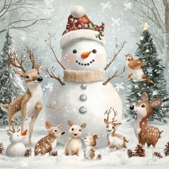 A snowman surrounded by playful snow animals, with falling snow and a Christmas tree in the distance.