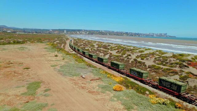 Railway train cargo containers travel seaside beach of Ritoque Chile Aerial view