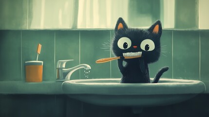 Cute black cat cartoon trying to brush teeth at home bathroom sink, children book character, good habit illustration