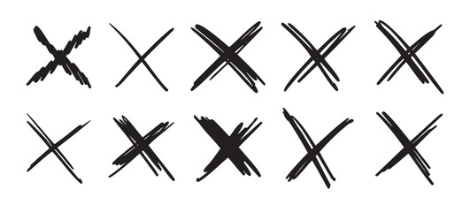 Doodle scribble crosses to cross out or mark text set. X sign sketch style. denial signs isolated on white background.