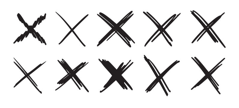 Doodle scribble crosses to cross out or mark text set. X sign sketch style. denial signs isolated on white background.