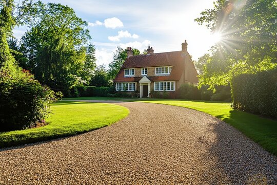 Sunlit detached home with expansive gravel drive seen from the road