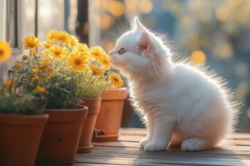 A white Persian kitten gently sniffing a bright yellow daisy on a wooden porch