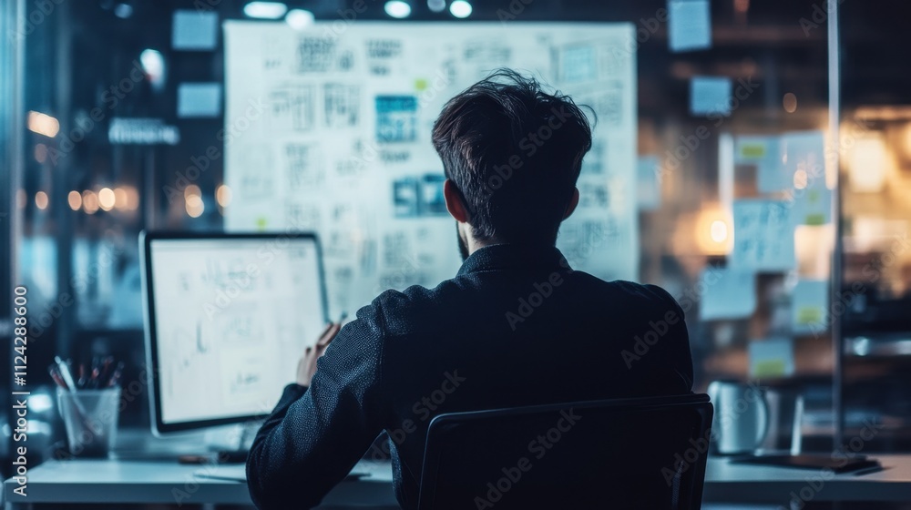 Poster dedicated programmer working late in office
