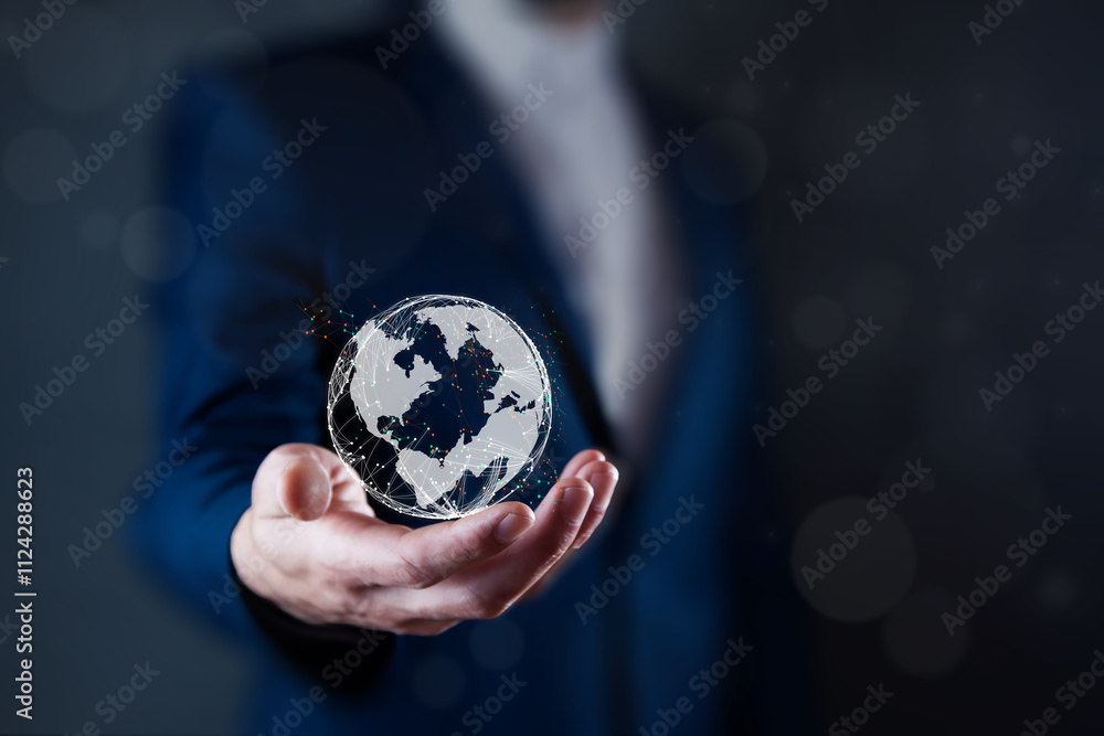 Poster businessman holding global network connection. big data analytics and business intelligence concept.