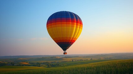 Colorful Hot Air Balloon Soaring Over Scenic Landscape