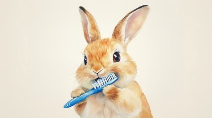 Watercolor painting brown rabbit bunny trying to brush teeth, children book character, good habit illustration