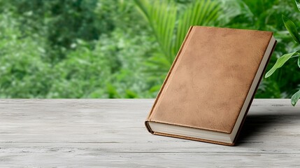 Leather Bound Book in Nature's Embrace: A rustic brown leather-bound book rests on a wooden table, with lush greenery blurring softly in the background.