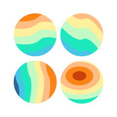 Bright Wavy and Concentric Circle Graphics: Vector icon collection with four variations of abstract layered patterns in contrasting orange and cool green-blue