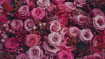 Naklejka premium Vibrant Arrangement of Pink Roses with Smaller Flowers and Berries, Creating a Rich, Romantic, and Abundant Composition
