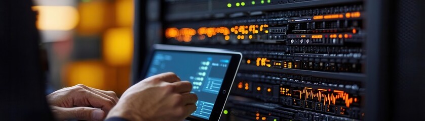 A close-up of hands adjusting server hardware, with performance metrics displayed on a tablet beside the setup
