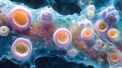 highly detailed microscopic image showing colorful cellular structures and biological textures, highlighting the complexity of microorganisms.