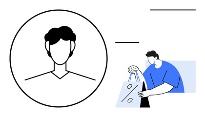 Person wearing a blue shirt holding a shopping bag featuring a percentage sign next to a profile avatar. Ideal for e-commerce, customer discounts, marketing campaigns, sales promotions, user