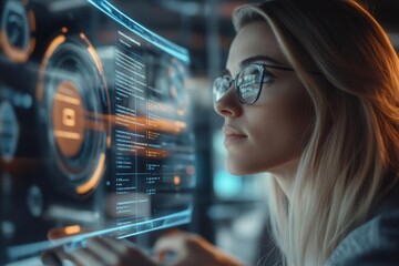 Woman analyzing latency issues through system logs on a holographic interface, smooth workflow and efficiency depicted