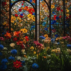 Imagine a stained-glass window inspired by a garden of flowers.