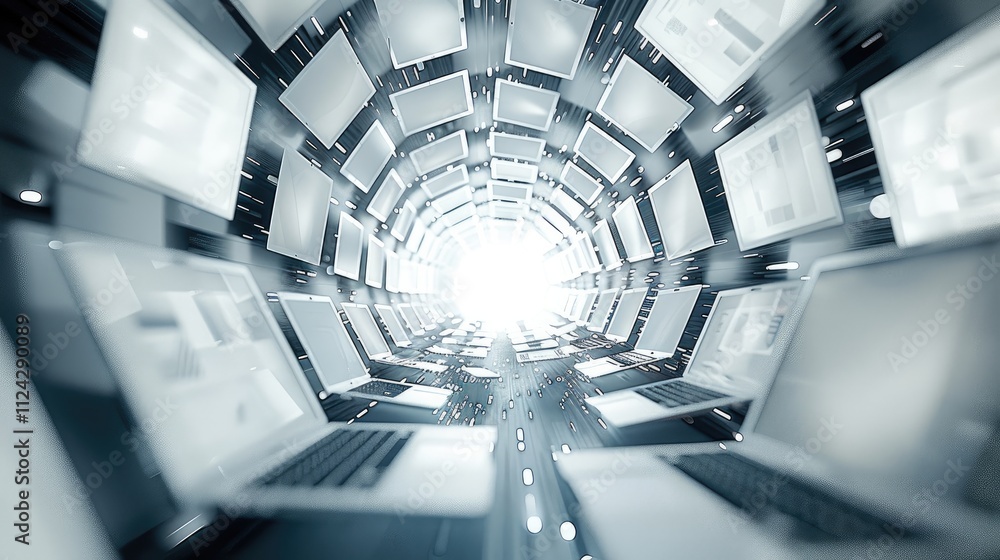 Aufkleber in the center of an abstract white space, there are many laptops floating in mid air, surrounded by 
